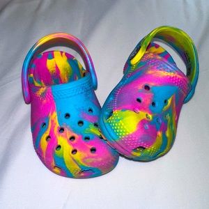 Child’s size 5 unisex Crocs in Pink, Blue & Yellow tie dye